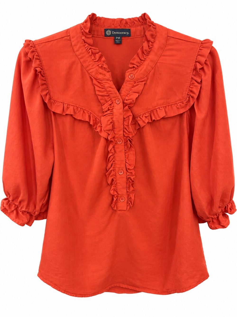 Democracy Ruffle-Trim V-Placket Blouse in Vibrant Orange size petite medium